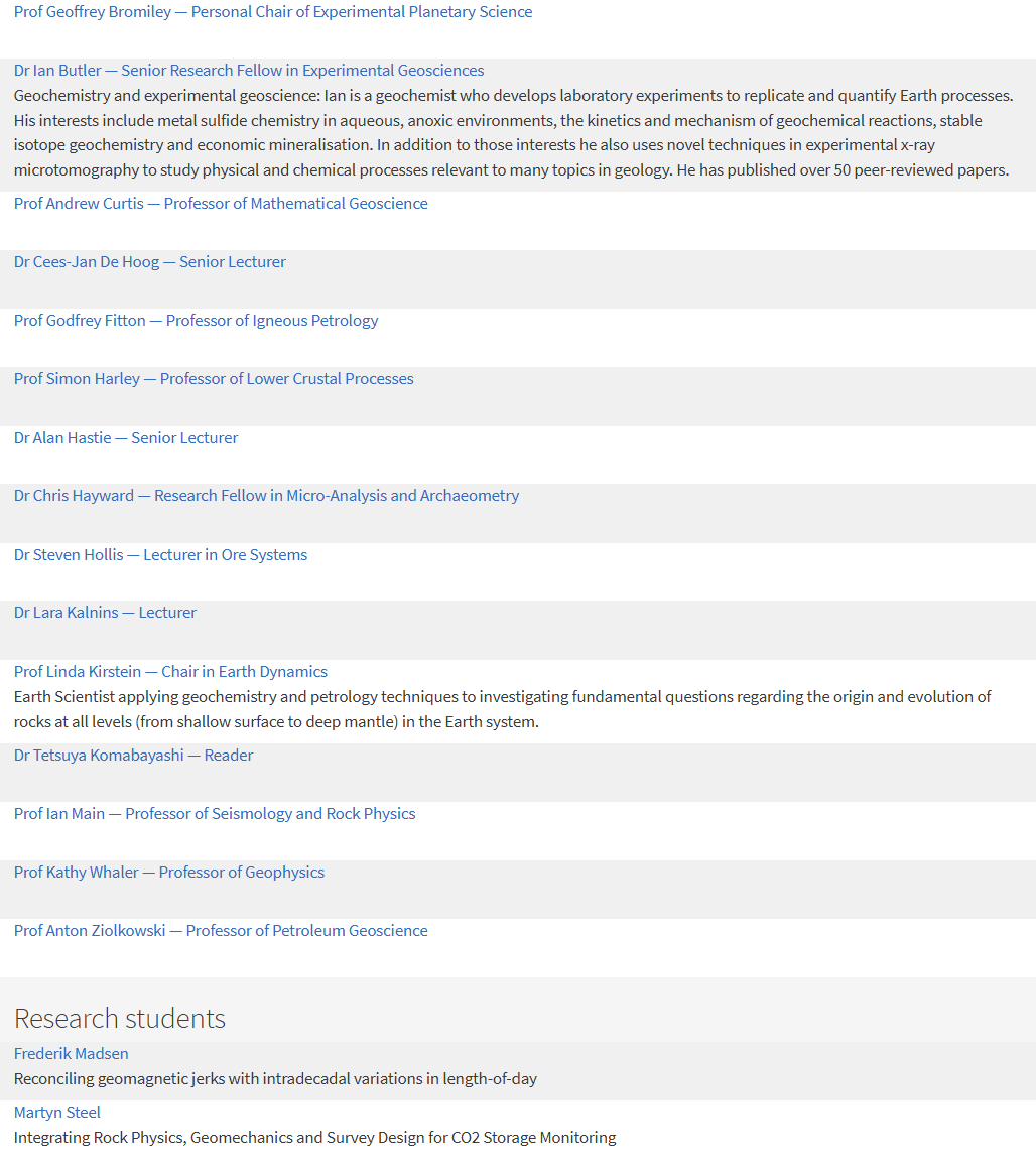 A table showing list of staff and research students in Crust to Core research group