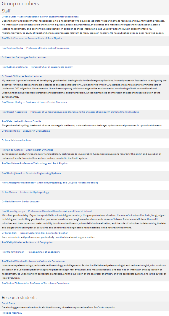 A table showing list of staff and research students in Edinburgh Earth Resources research group