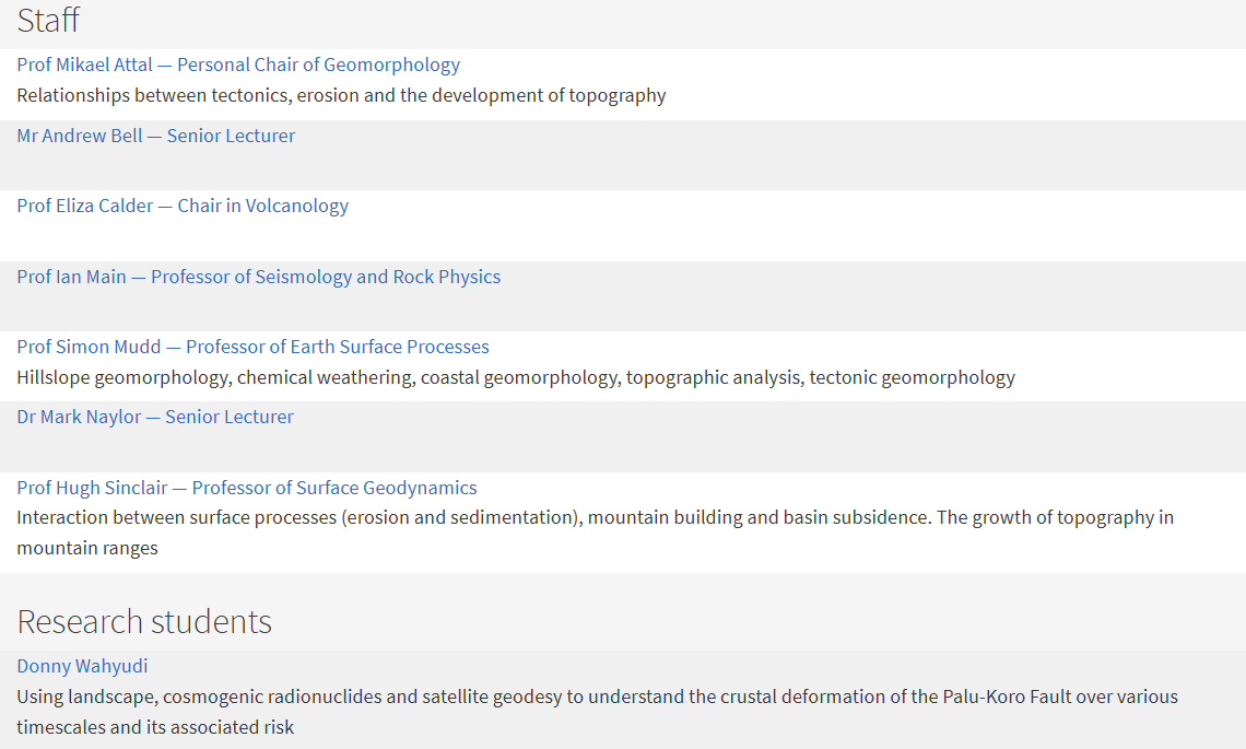 A table showing list of staff and research students in Edinburgh Geohazards research group