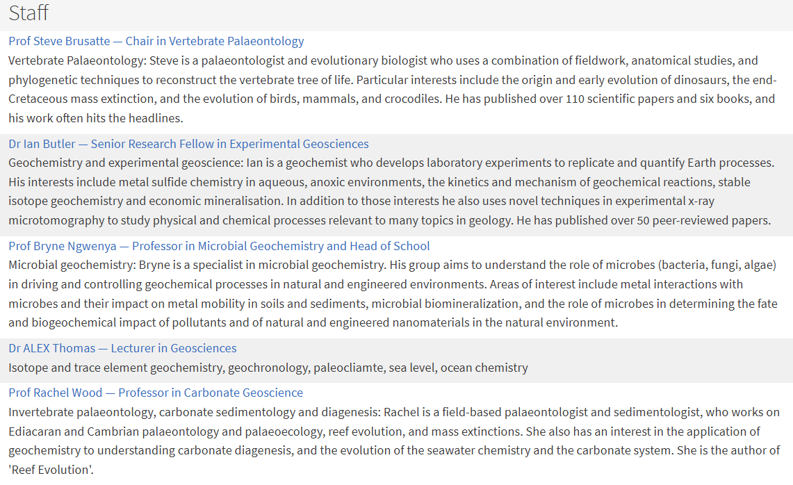 A table showing list of staff and research students in Geobiology and Geochemistry research group