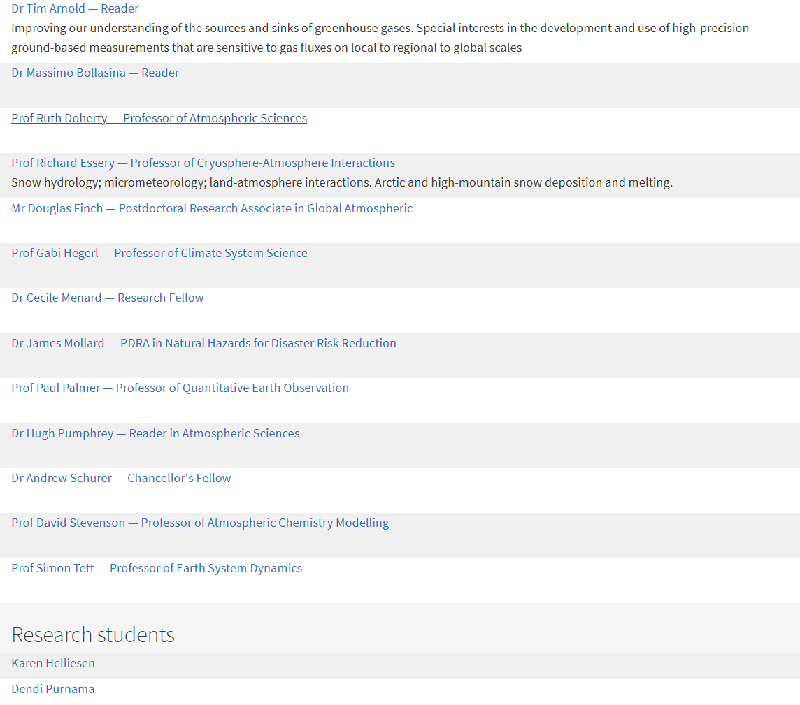 A table showing list of staff and research students in Atmospheric Chemistry and Climate of the Anthropocene research group