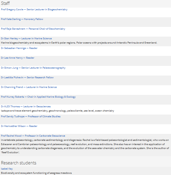 A table showing list of staff and research students in Oceans and Past Climate research group