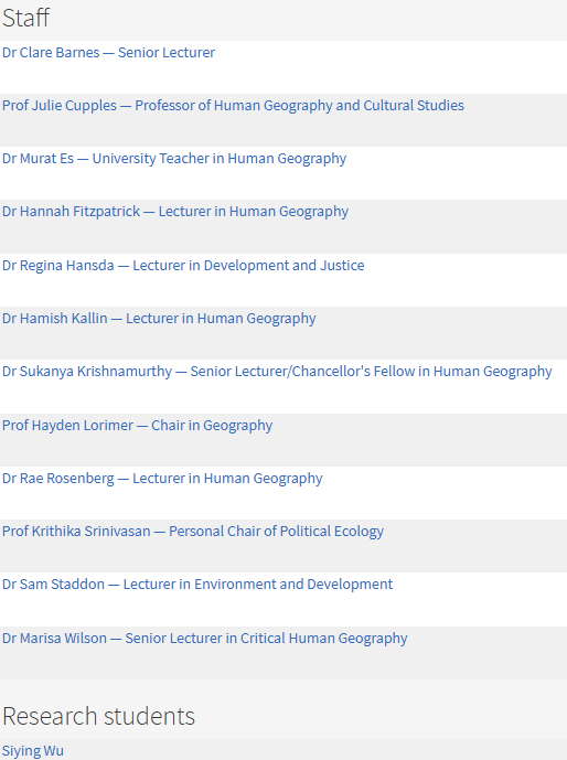 A table showing list of staff and research students in Geographies of Social Justice research group