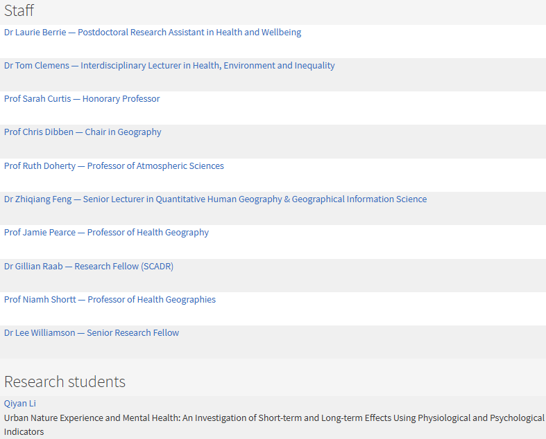 A table showing list of staff and research students in Population, Health, and Place research group