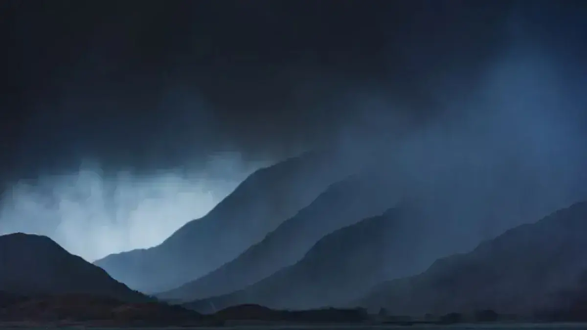 Image of hills in rain