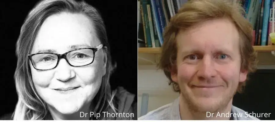 Black and white photo of female with medium hair length and glasses; and also a colour photo of a man with brown hair with a book shelf in the background.