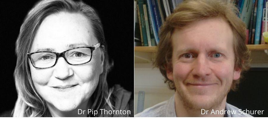 Black and white photo of female with medium hair length and glasses; and also a colour photo of a man with brown hair with a book shelf in the background.