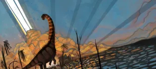 An artist’s impression of the last dinosaurs from southern North America features a long-necked Alamosaurus