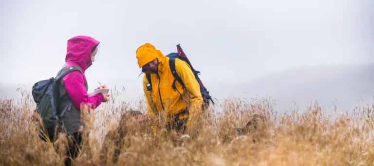 Two students in brightly coloured wet weather gear standing in long grass with grey rain and mist around them