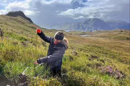 Alison tree measuring in front of a mountainous green landscape