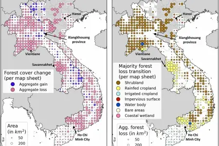 Diagram depicting the change in forest cover between topographic maps in Laos and Vietnam 