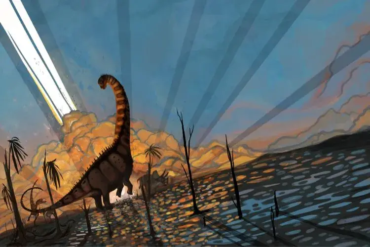 An artist’s impression of the last dinosaurs from southern North America features a long-necked Alamosaurus