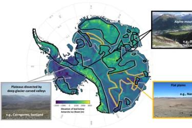 Map of Antarctica showing geographical representations of what lies under the ice