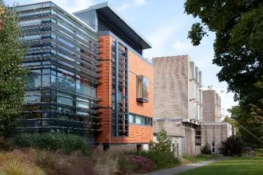 An outdoor view in the gardens showing a modern glass building at Kings campus 