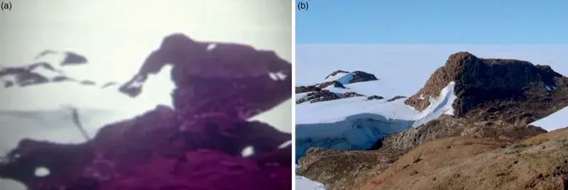 Two images of Macey Peninsula are compared side by side, left is the OSU film clip, right is taken by Simon Harley in 2007