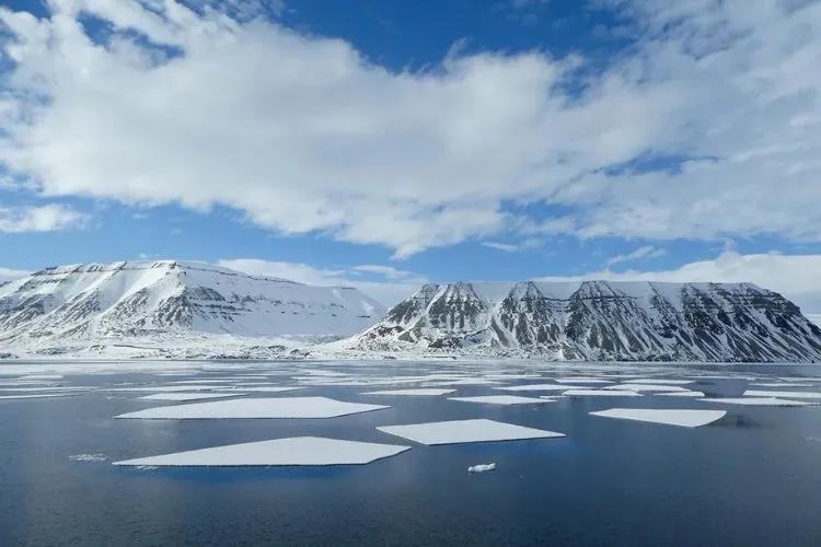 Sea ice and mountain glaciers surrounded by the ocean.