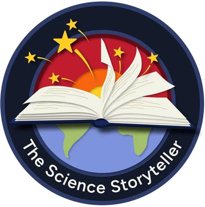 Logo for The Science Storyteller (an open book with the earth below and another planet above)