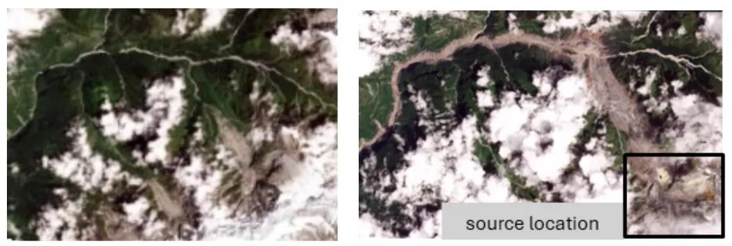 Image showing the landscape before and after the flood event in Nepal (source location)