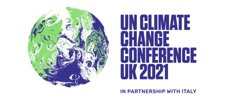 Graphic design of the planet Earth. Text says 'UN Climate Change Conference UK 2021'