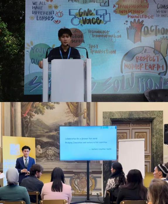 Image 1 (top): Rongsheng delivering a speech on stage. Image 2: Rongsheng presenting his Youth4Climate pitch to an audience.