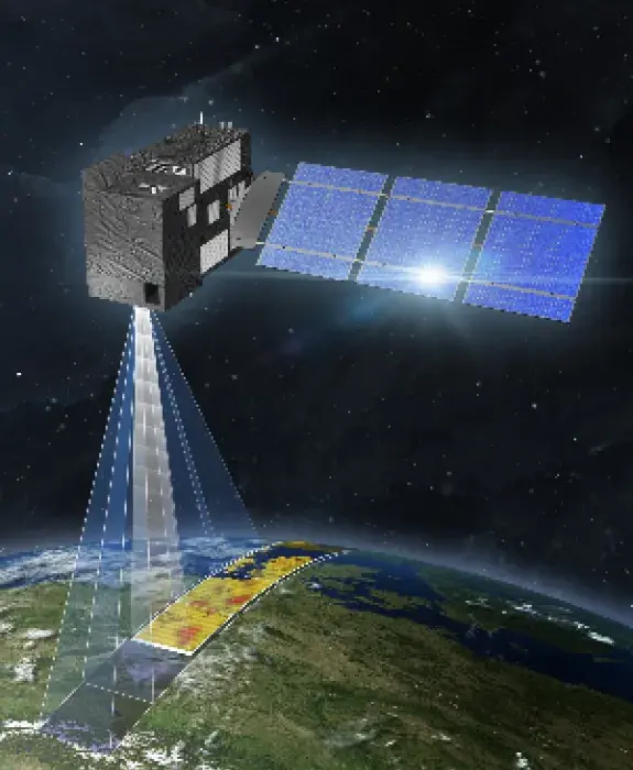 Artist graphic of European Space Agency 'COM2' satellite in space orbiting the Earth and highlighting crops
