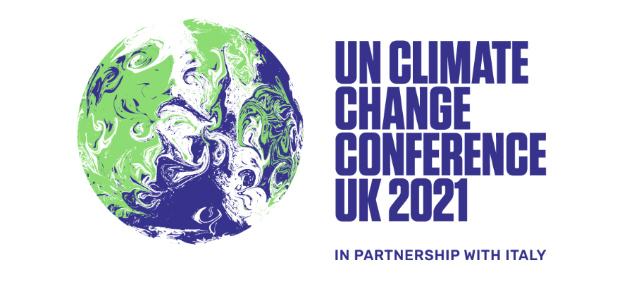 Graphic design of the planet Earth. Text says 'UN Climate Change Conference UK 2021'