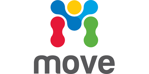 A graphic design of a logo for Move software, showing a coloured letter M