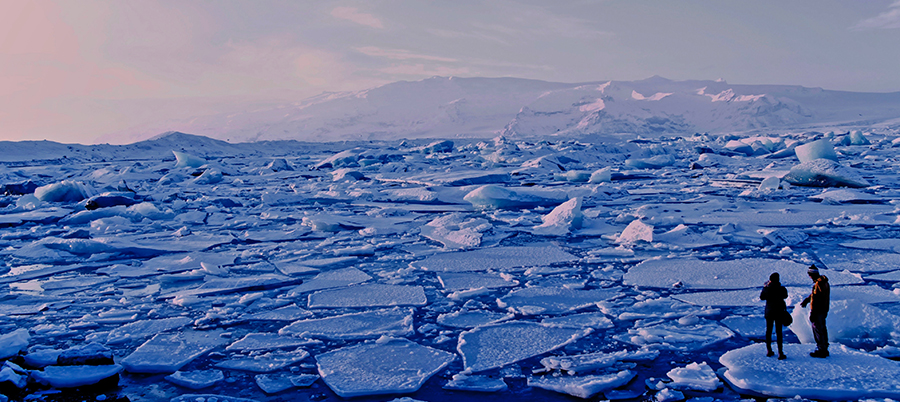 Two people standing on the edge of the sea with multiple ice flows